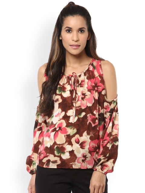 

Harpa Women Beige & Brown Floral Print Cold Shoulder Top