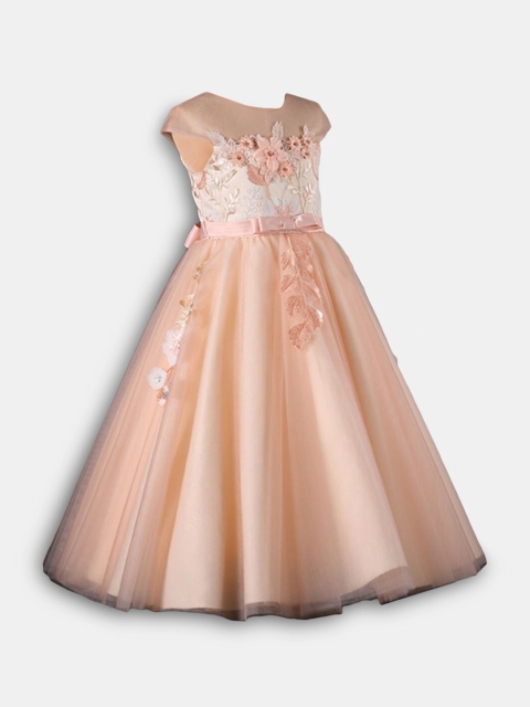 

Hopscotch Peach-Coloured Sleeveless Floral Applique Party Dress