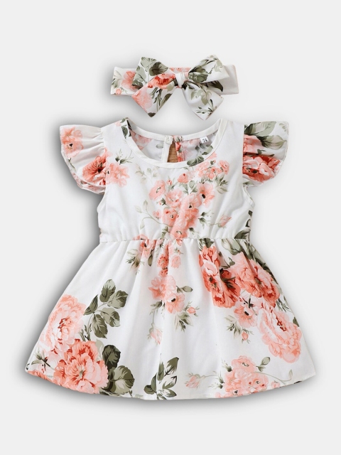 

Hopscotch Girls White & Peach-Coloured Floral Printed Dress with Headband