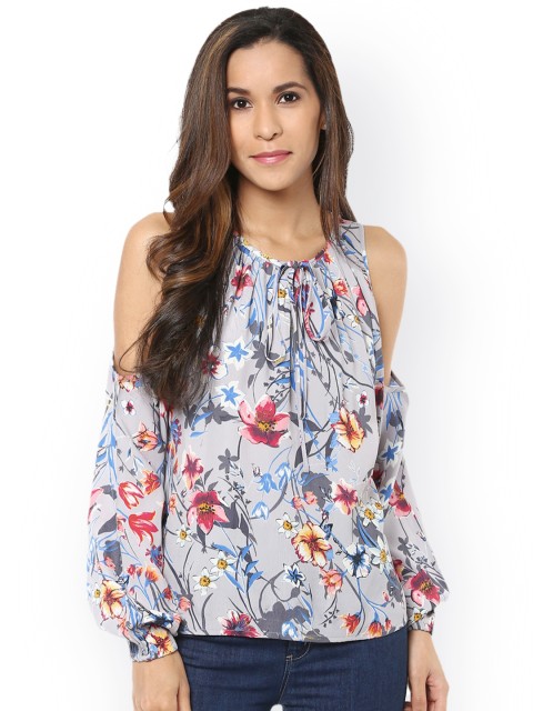 

Harpa Women Grey Floral Print Cold Shoulder Top
