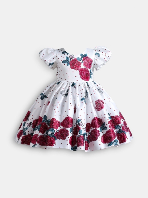 

Hopscotch Girls White & Red Floral Printed Fit & Flare Dress