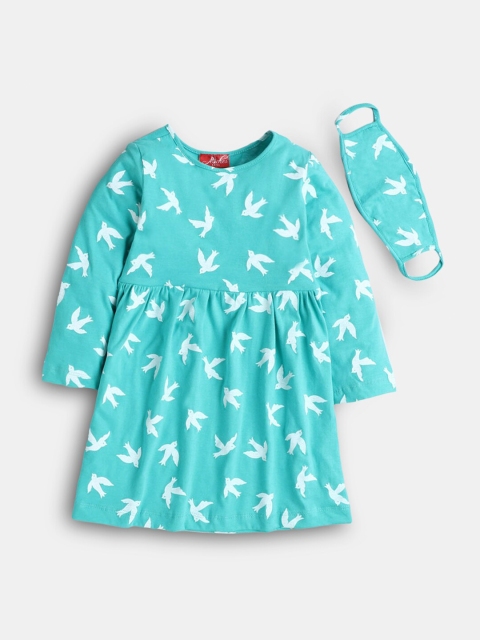 

Hopscotch Green Full-Sleeve All-Over Print Casual Dress