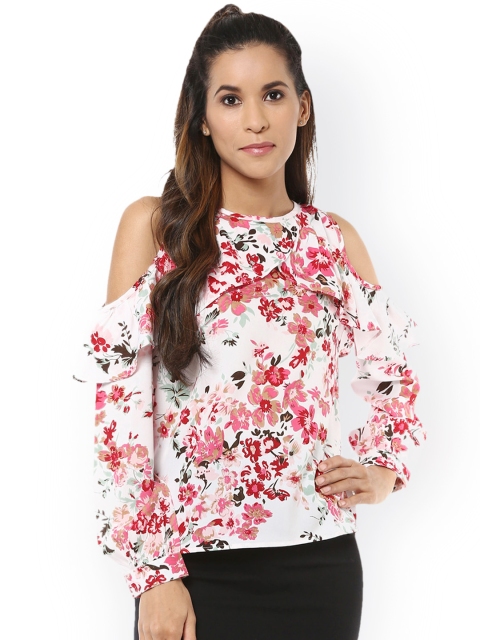 

Harpa Women White Floral Print Cold Shoulder Top