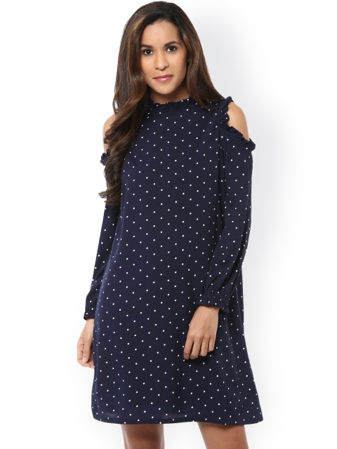 

Harpa Women Navy Blue Polka Dot Print Cold Shoulder A-Line Dress