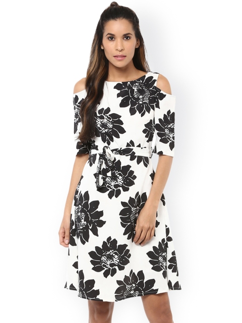 

Harpa Women White & Black Floral Print Cold Shoulder A-Line Dress