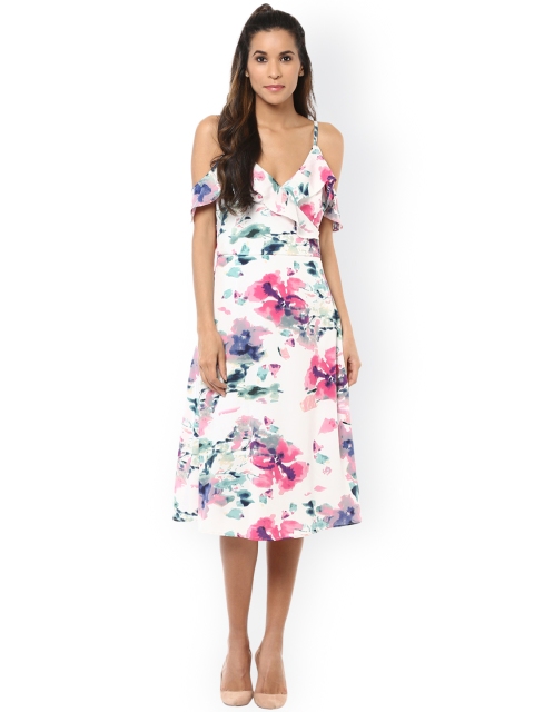 

Harpa Women White Floral Print Cold Shoulder A-Line Dress