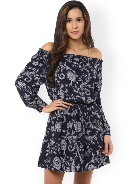 

Harpa Women Navy Blue Floral Print Off-Shoulder Blouson Dress