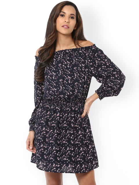 

Harpa Women Navy Blue Printed Off-Shoulder Blouson Dress