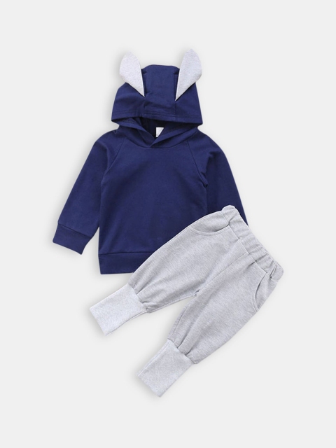

Hopscotch Boys Blue & Grey Solid Pure Cotton T-shirt with Trousers