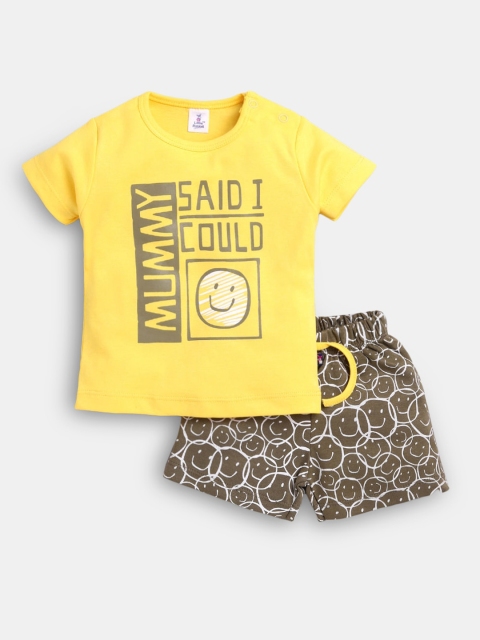 

Hopscotch Boys Yellow & Brown Printed T-shirt with Shorts