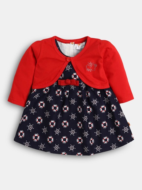 

Hopscotch Girls Navy Blue & Red Printed Cotton Fit & Flare Dress