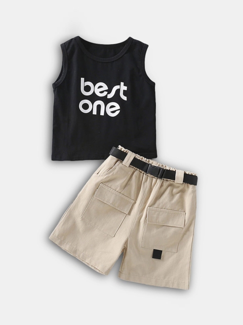 

Hopscotch Girls Black & Beige Printed Pure Cotton T-shirt with Shorts
