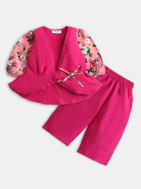 

Hopscotch Girls Pink Floral Print Sleeves Wrap Top And Trouser Clothing Set