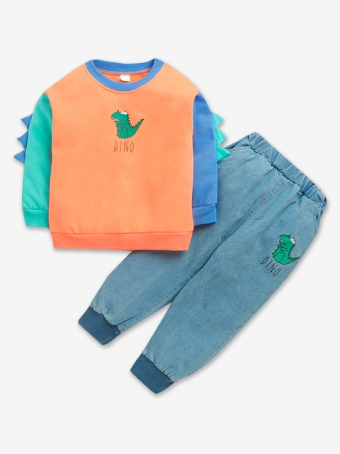 

Hopscotch Boys Orange & Blue Colourblocked Printed T-shirt with Trouser