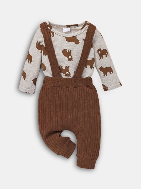 

Hopscotch Boys Brown & Grey Printed Top with Trousers Set