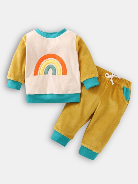 

Hopscotch Unisex Kids Yellow & Blue Printed Top with Trouser