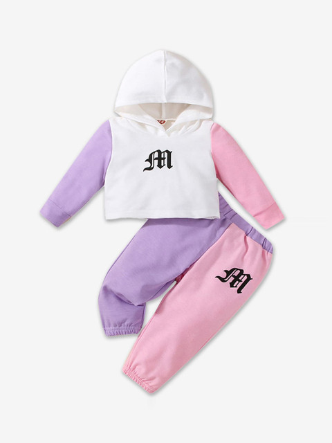 

Hopscotch Girls Purple & Pink Colourblocked Hooded T-shirt with Trousers
