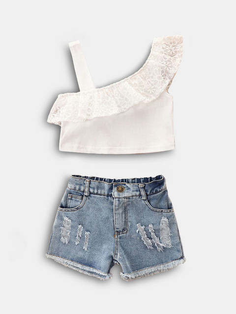 

Hopscotch Girls White & Blue Cotton Top with Shorts