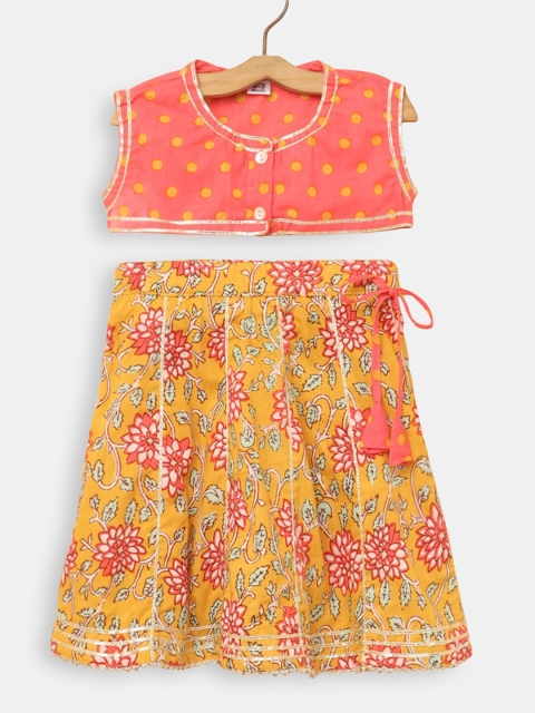 

Hopscotch Girls Orange & Yellow Printed Ready to Wear Lehenga Set