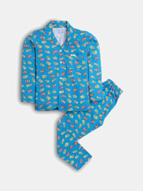 

Hopscotch Boys Blue All-Over Print Shirt And Pajama Night Suit Set