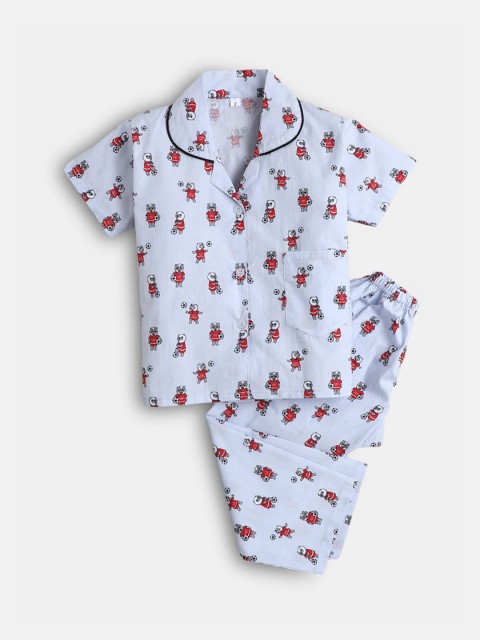 

Hopscotch Girls Blue & Red Printed Pure Cotton Night suit