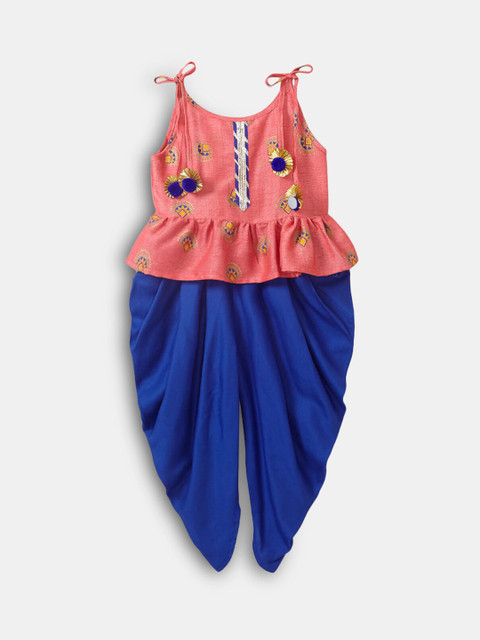 

Hopscotch Girls Red And Blue Yoke Design Pure Cotton Kurta With Dhoti Pant