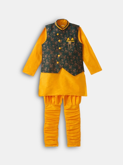 

Hopscotch Boys Yellow Pure Silk Kurta with Pyjamas with Jacket