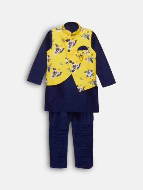 

Hopscotch Boys Navy Blue Pure Silk Kurti Trousers with Jacket & Nehru Jacket