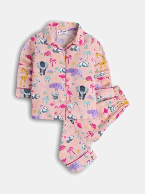 

Hopscotch Girls Peach-Coloured & Purple Printed Pure Cotton Night suit