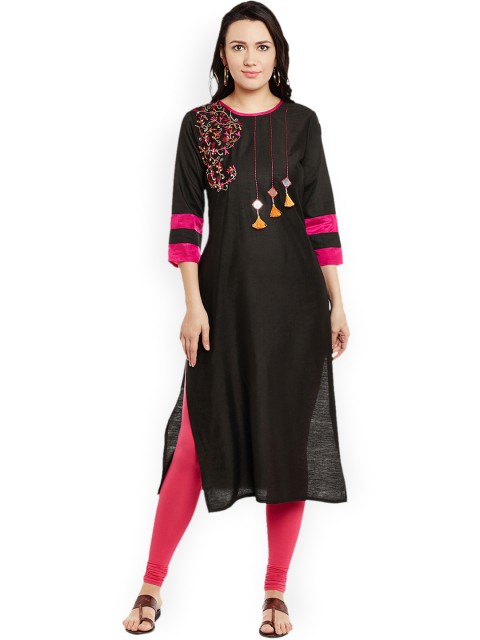 

Kurti's by Menka Women Black Yoke Design Straight Kurta