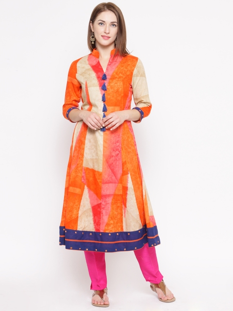 

Laabha Women Orange & Beige Printed A-Line Kurta