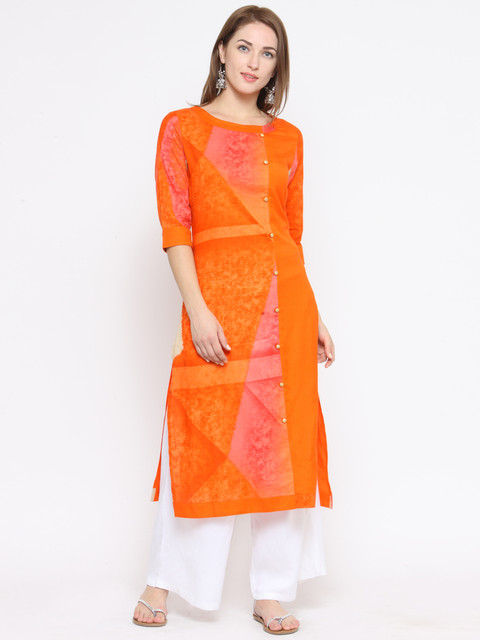 

Laabha Women Orange Printed Straight Kurta
