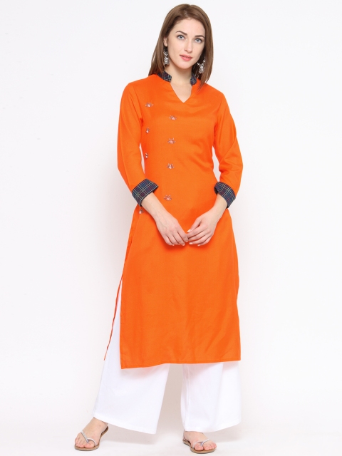 

Laabha Women Orange Embroidered Straight Kurta