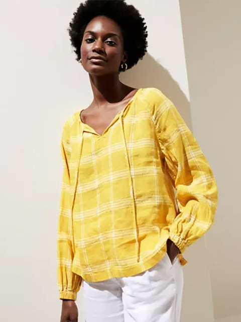 

Marks & Spencer Yellow & White Checked Tie-Up Neck Linen Top