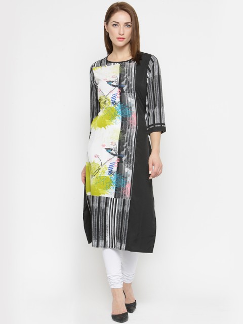 

Laabha Women White & Black Printed Straight Kurta
