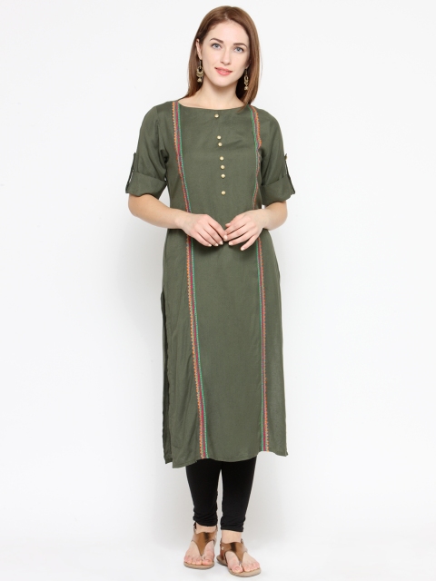 

Laabha Women Green Striped Straight Kurta