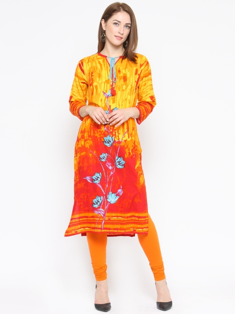

Laabha Women Yellow & Red Printed Straight Kurta