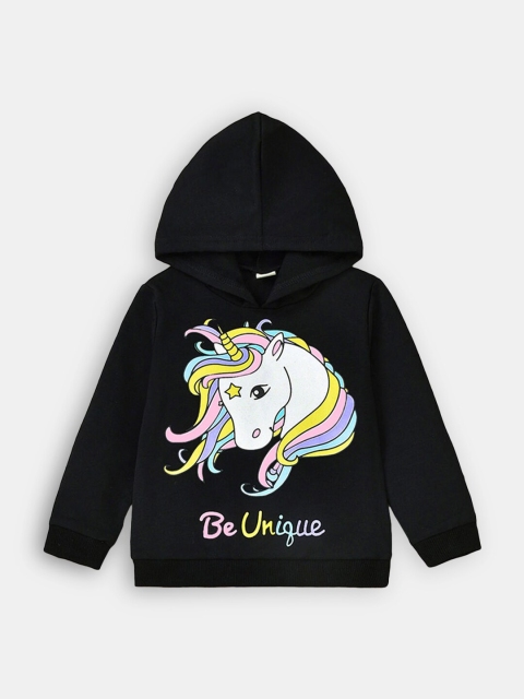 

Hopscotch Girls Black Printed Hooded Sweatshirt