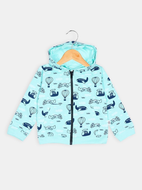 

Hopscotch Boys Turquoise Blue Printed Hooded Cotton Sweatshirt