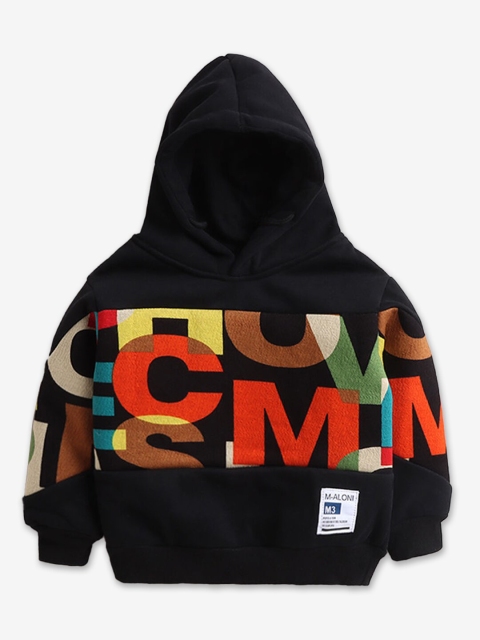 

Hopscotch Boys Black Printed Hooded Sweatshirt