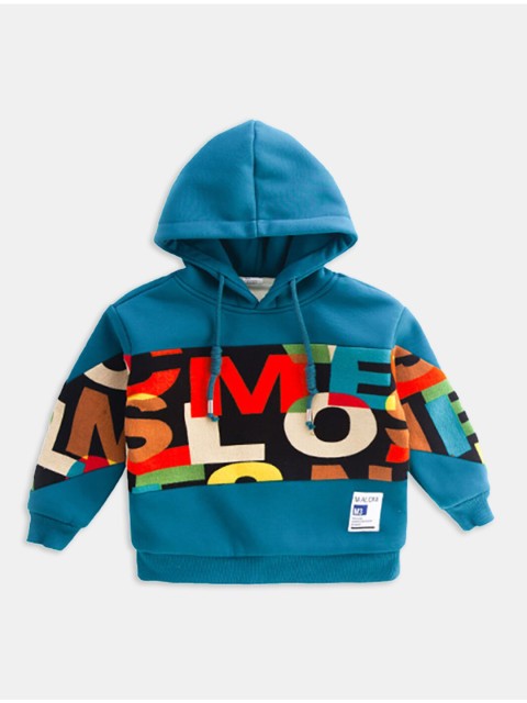 

Hopscotch Boys Blue Printed Hooded Sweatshirt