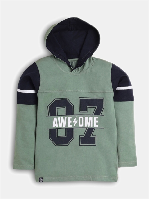 

Hopscotch Boys Green Printed Hooded Sweatshirt