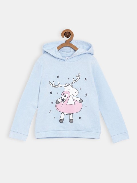 

Hopscotch Girls Blue Printed Cotton Hooded Sweatshirt