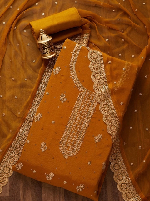 

Koskii Women Mustard & Gold-Toned Embroidered Unstitched Dress Material