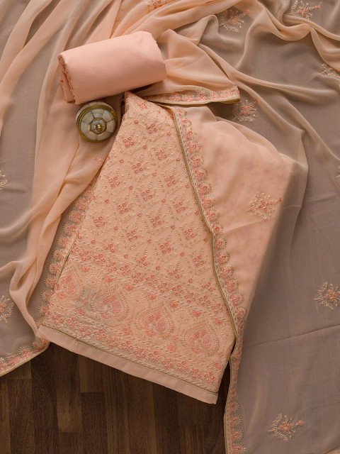 

Koskii Peach-Coloured & Pink Embroidered Unstitched Dress Material