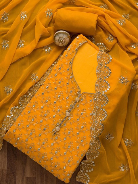 

Koskii Yellow & Silver-Toned Embroidered Unstitched Dress Material