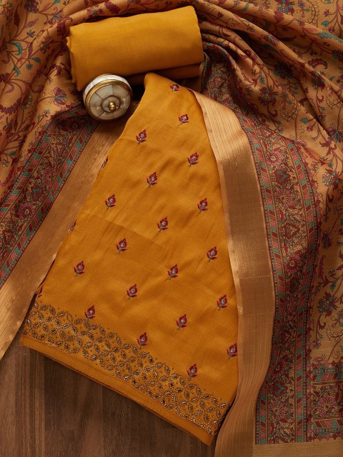 

Koskii Mustard & Pink Embroidered Art Silk Unstitched Dress Material