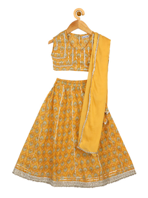 

Ka-mee Girls Yellow Printed Ready to Wear Lehenga & Blouse With Dupatta