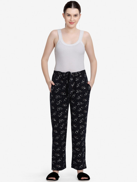 

MAYSIXTY Women Navy Blue Printed Cotton Lounge Pants, Black