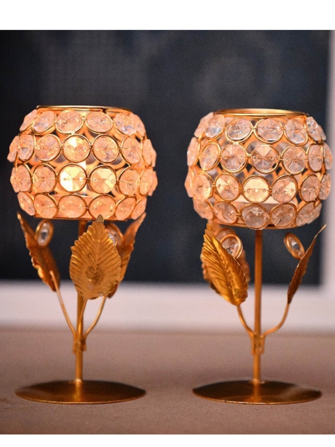 

Fashion Bizz Set Of 2 Gold-Toned Textured Tealight Candle Holder With Stand